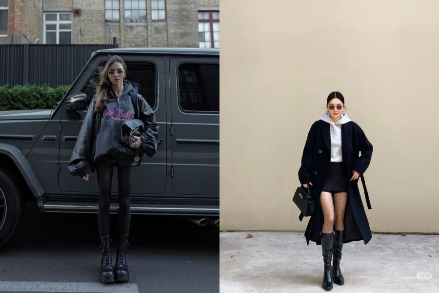 Quần tất đen lưới phối áo hoodie