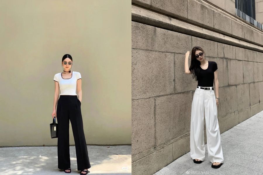 Quần ống rộng kết hợp với áo thun basic