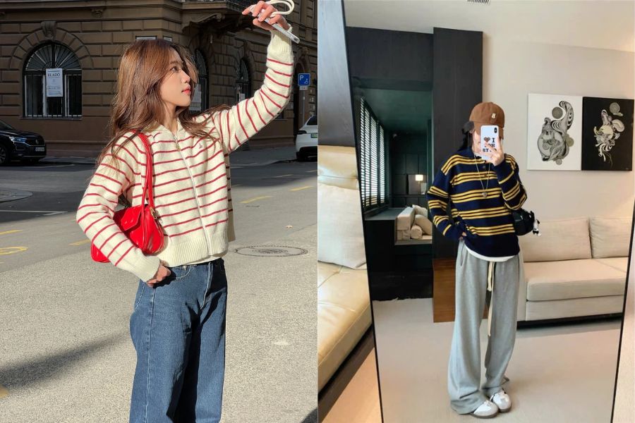 Áo len kẻ sọc ngang là lựa chọn tối giản, dễ phối đồ cho mọi quý cô