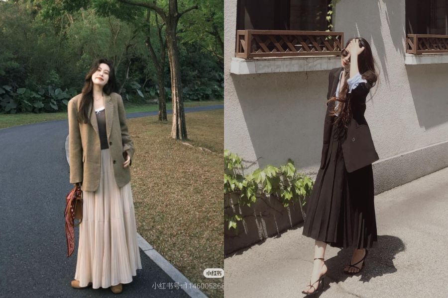 Phối chân váy xòe dáng dài với áo blazer