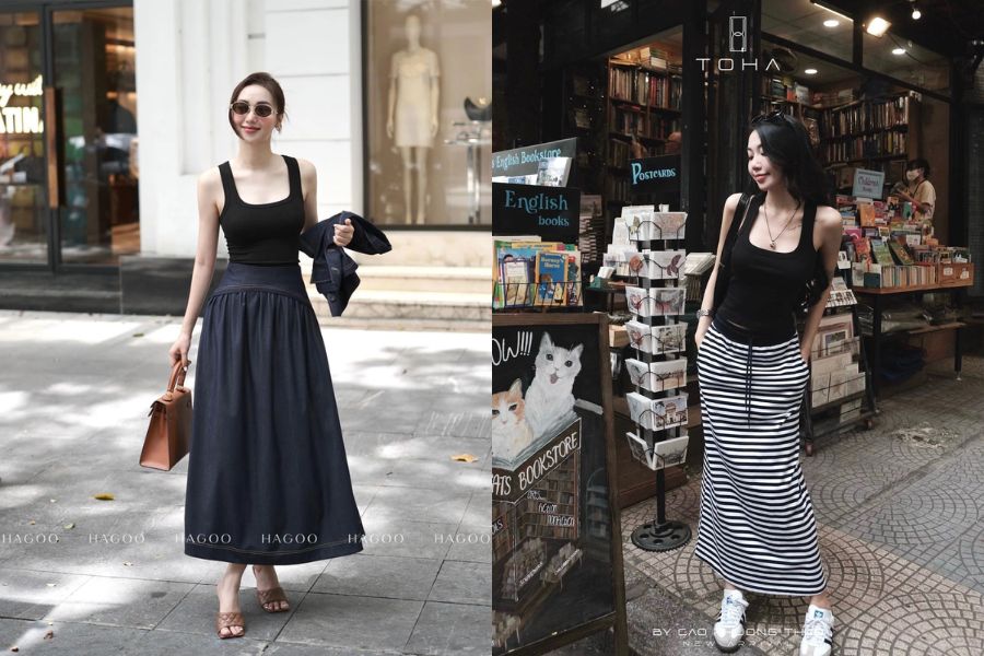 Áo ba lỗ mặc với chân váy midi dịu dàng