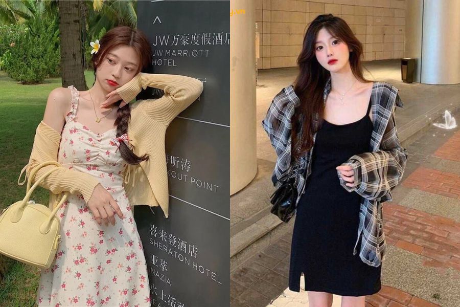 Áo hai dây phối kèm áo khoác ngoài