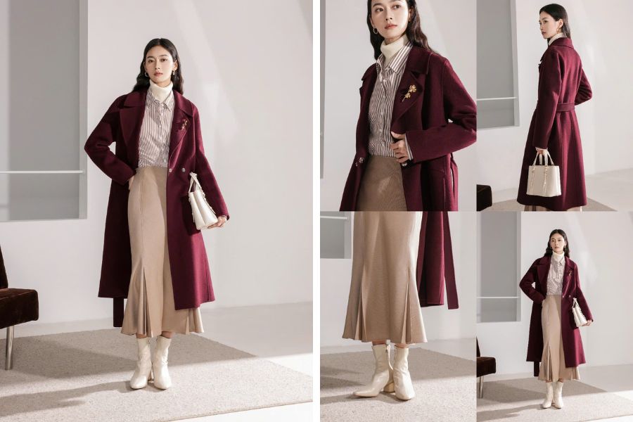 Mix áo dạ đỏ dáng dài cho người thành đạt, thể hiện quyền lực cao