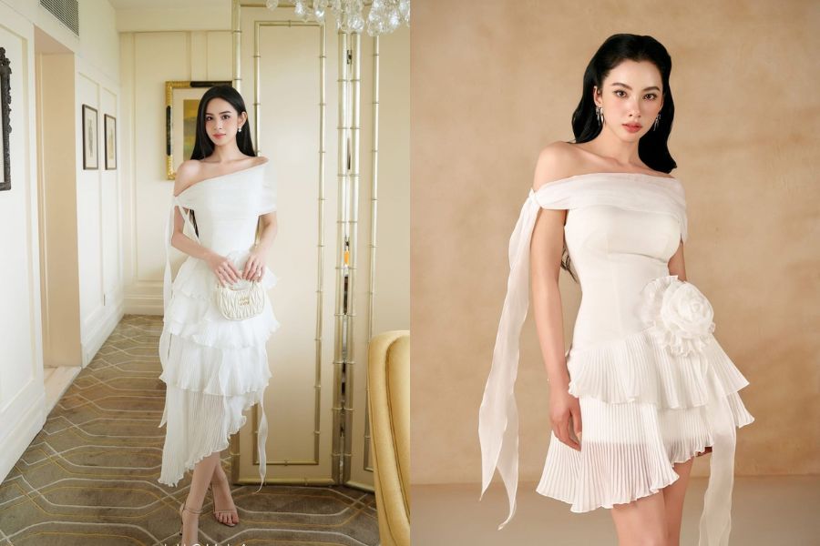 Đầm trễ vai đi đám cưới