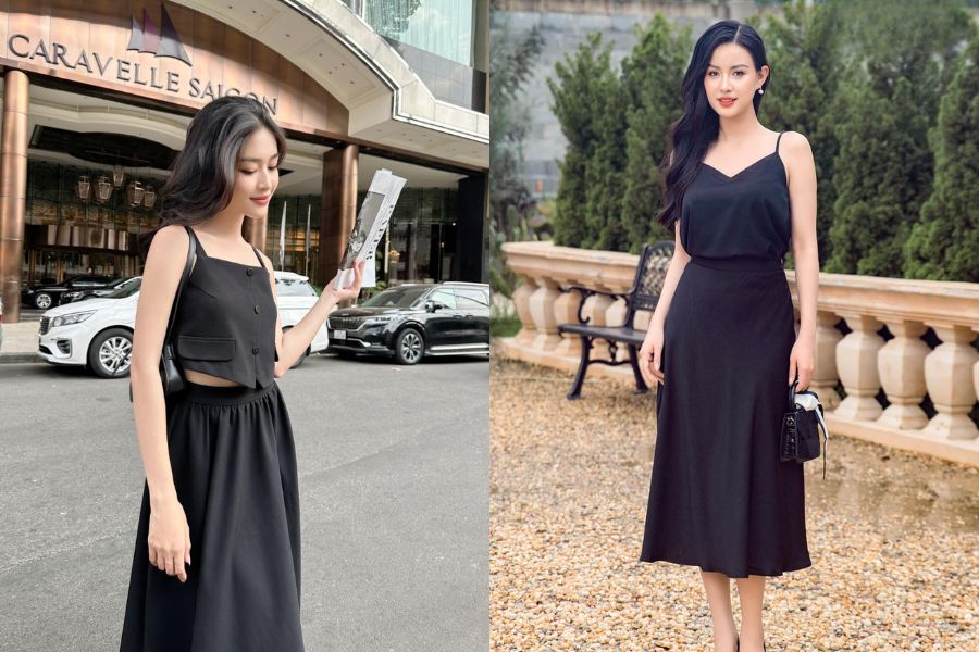 Áo croptop hai dây phối váy xoè lụa