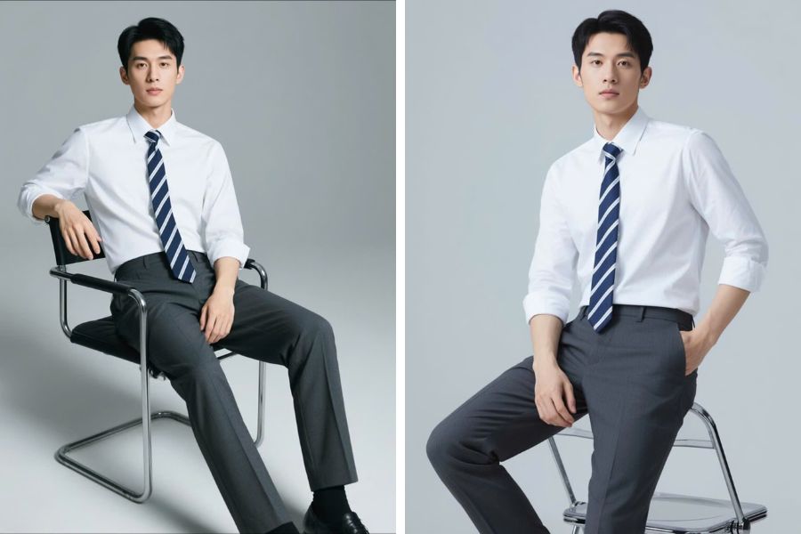 Áo sơ mi trắng, quần âu và cà vạt chuẩn công sở