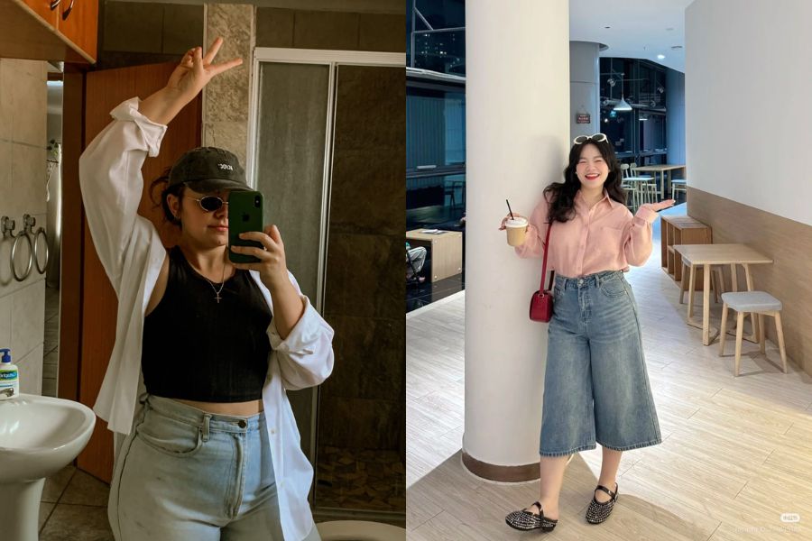 Áo sơ mi phối quần jean ống đứng