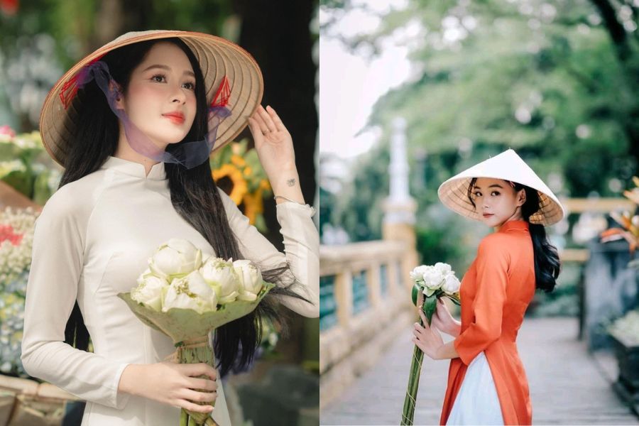 Tạo dáng chụp áo dài Tết với nón lá