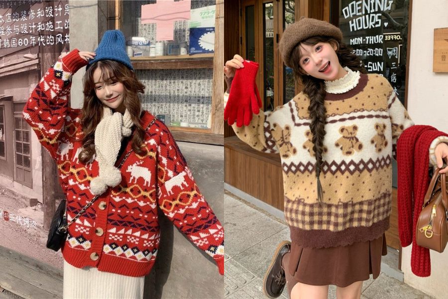 Áo len hoạ tiết giáng sinh phối với chân váy