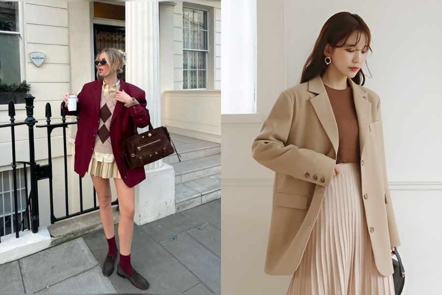 Áo blazer dạ và chân váy ngắn xếp ly
