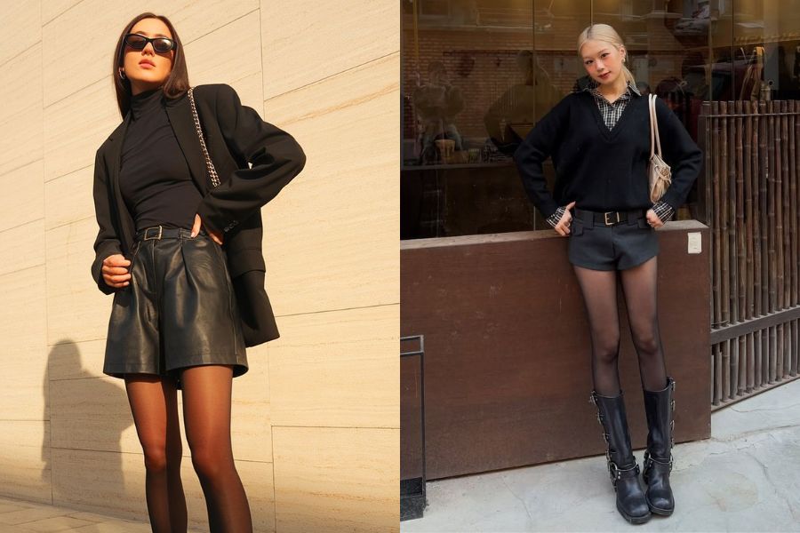 Tất da đen phối quần shorts