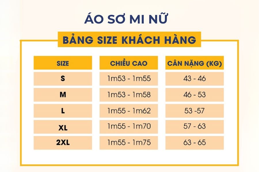 Bảng size áo sơ mi nữ theo chiều cao cân nặng