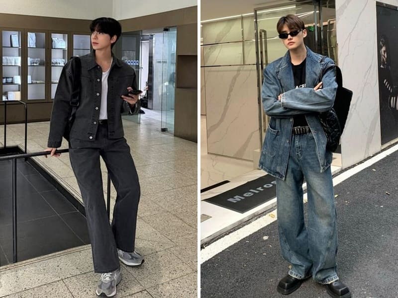 Mix match cùng quần baggy với áo thun và khoác denim cho các chàng