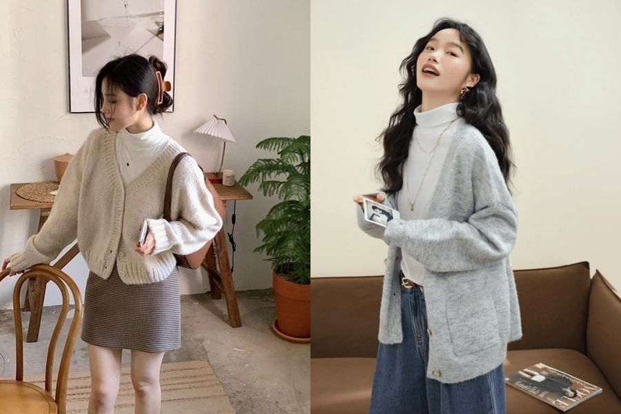Áo giữ nhiệt phối áo len cardigan