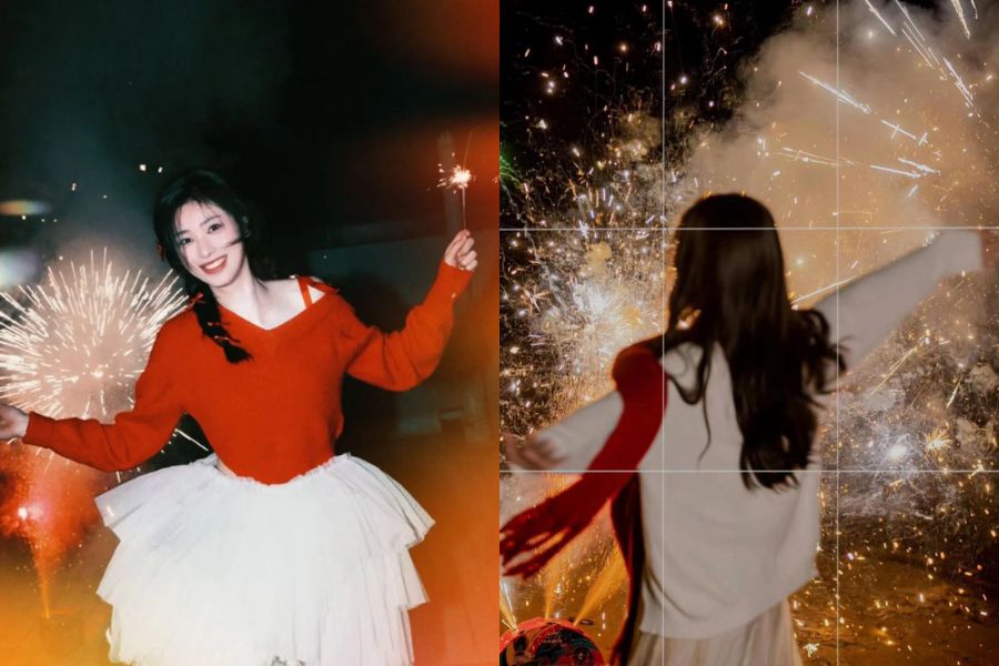 tạo dáng xoay nhẹ người khi chụp ảnh pháo hoa đêm giao thừa