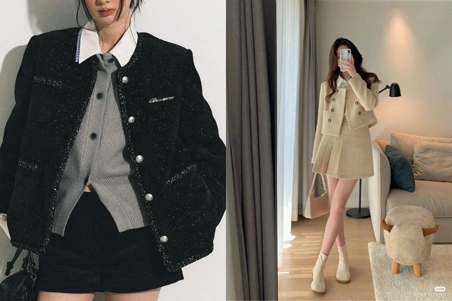 Áo len cổ sơ mi phối với áo khoác tweed