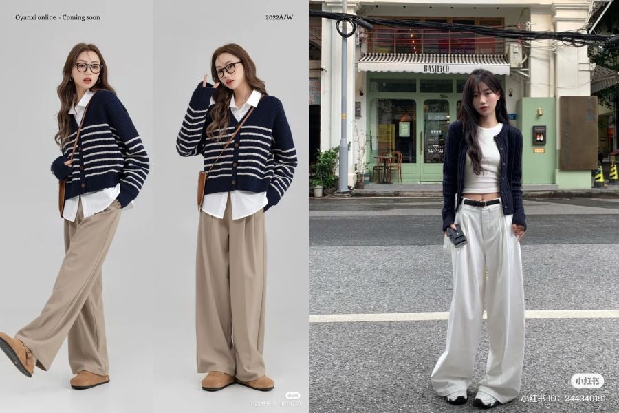 Cardigan phối cùng quần ống rộng