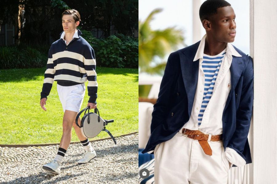 Áo thun kẻ ngang trắng – xanh navy và quần chino trắng