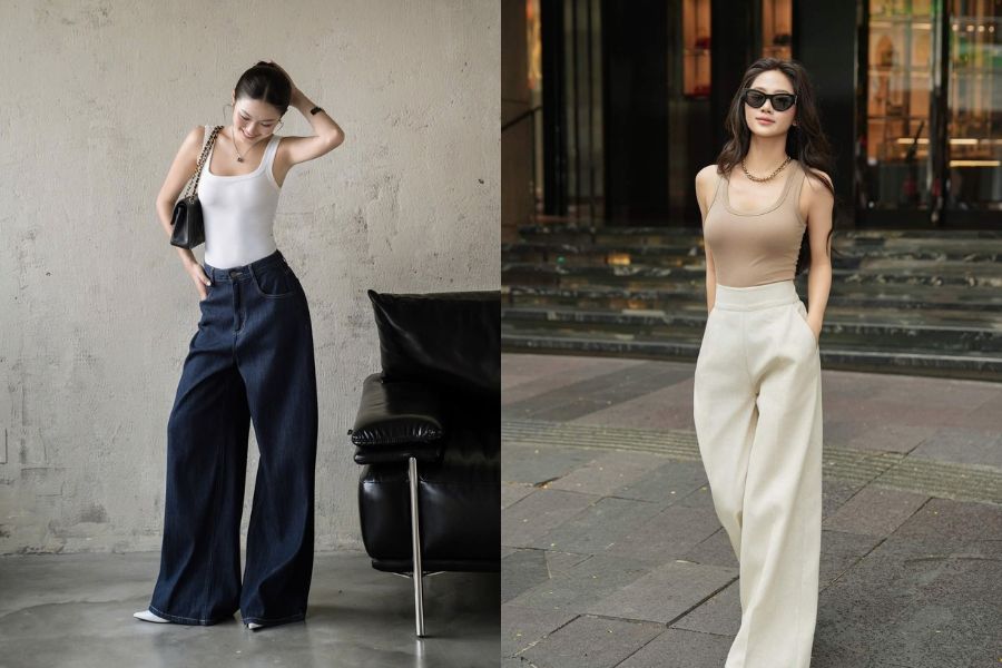 Áo ba lỗ mặc cùng quần ống rộng thanh lịch