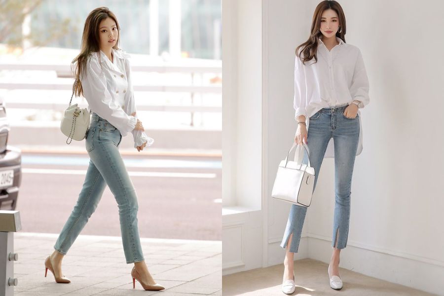Quần jeans skinny thanh lịch phối cùng áo sơ mi phom rộng