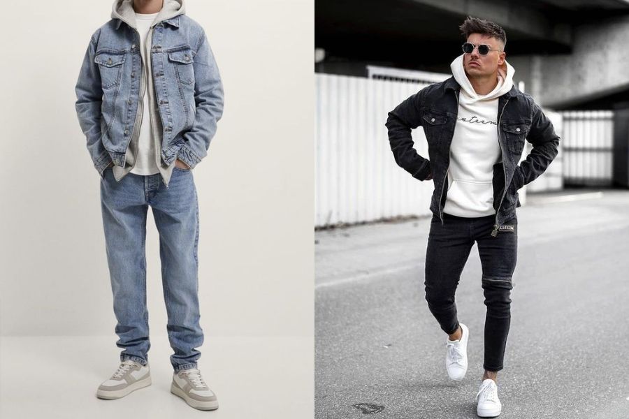 Áo hoodie nam cùng áo khoác denim đường phố