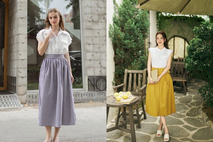 chân váy midi mix áo kiểu