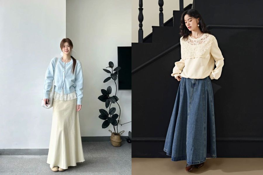 Phối áo len với chân váy bò dáng dài