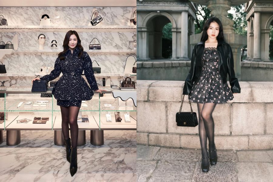 Đầm hoa nổi phối áo jacket sang chảnh và quần tất đen