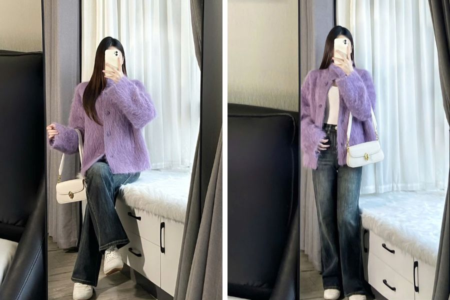 Cách phối áo lông tím với quần jeans để outfit hài hòa nhất