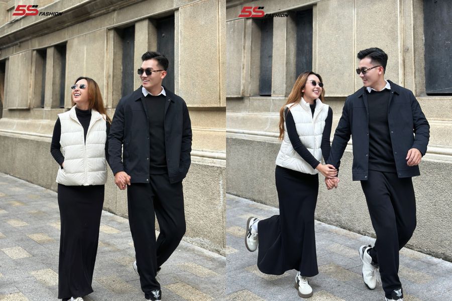 Áo khoác phao gile phối chấn váy dài dáng 