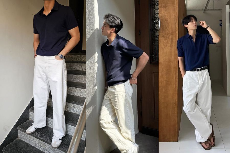 Áo Polo màu xanh navy phối quần Jean trắng