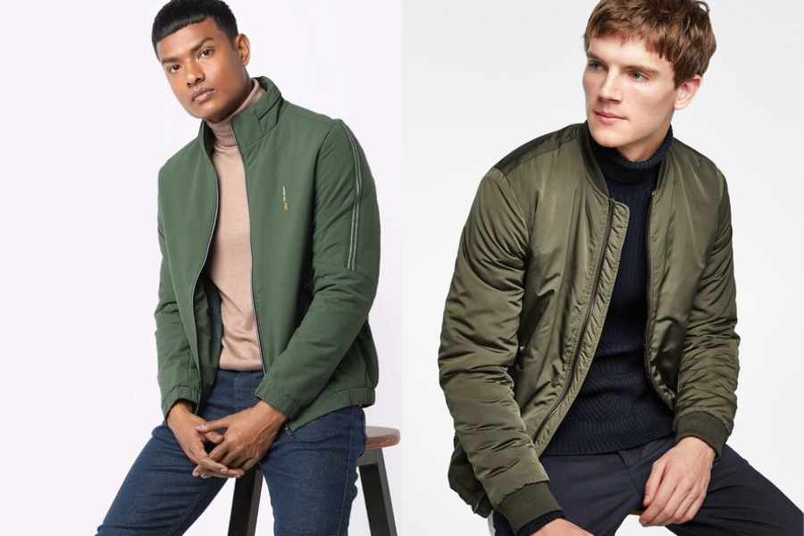 Áo bomber nam xanh rêu mix cùng áo cổ lọ