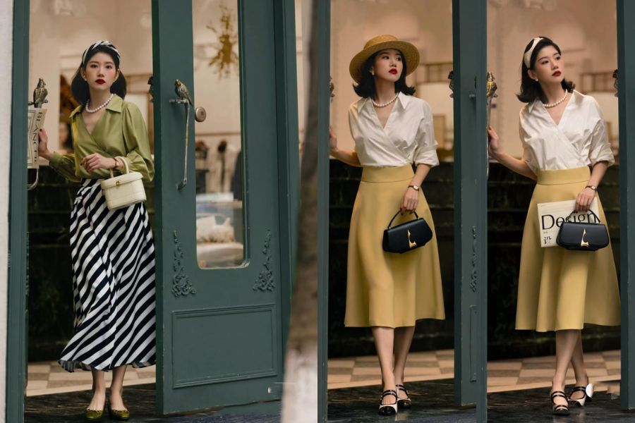 phối chân váy dài vintage với áo cổ V