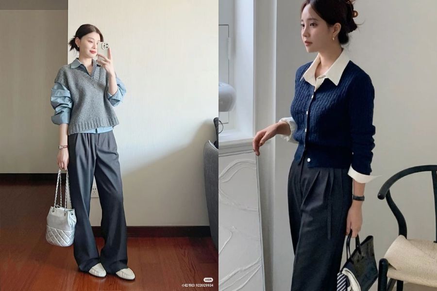 Áo len cổ sơ mi phối với quần ống rộng