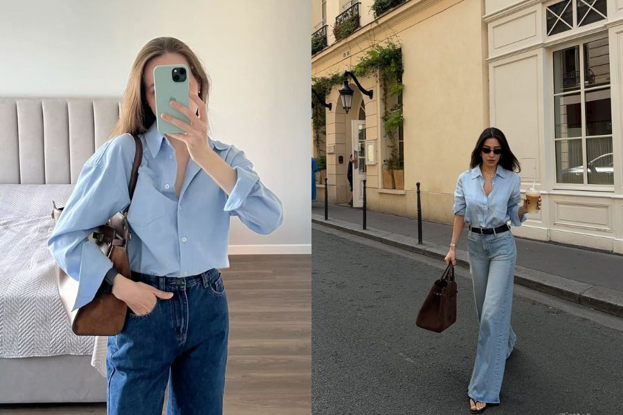 Quần jean ống rộng phối áo sơ mi basic