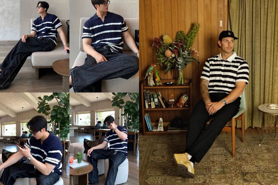 Áo Polo kẻ sọc ngang phối Jeans rách cá tính