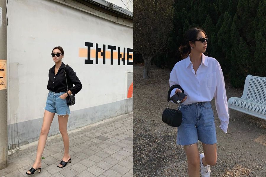 Áo sơ mi phối quần Jeans ống rộng