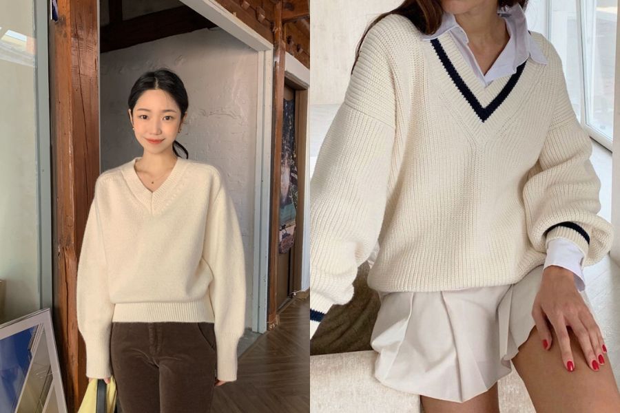 Gợi ý phối áo len cổ tim với sơ mi cho trang phục công sở Thu Đông