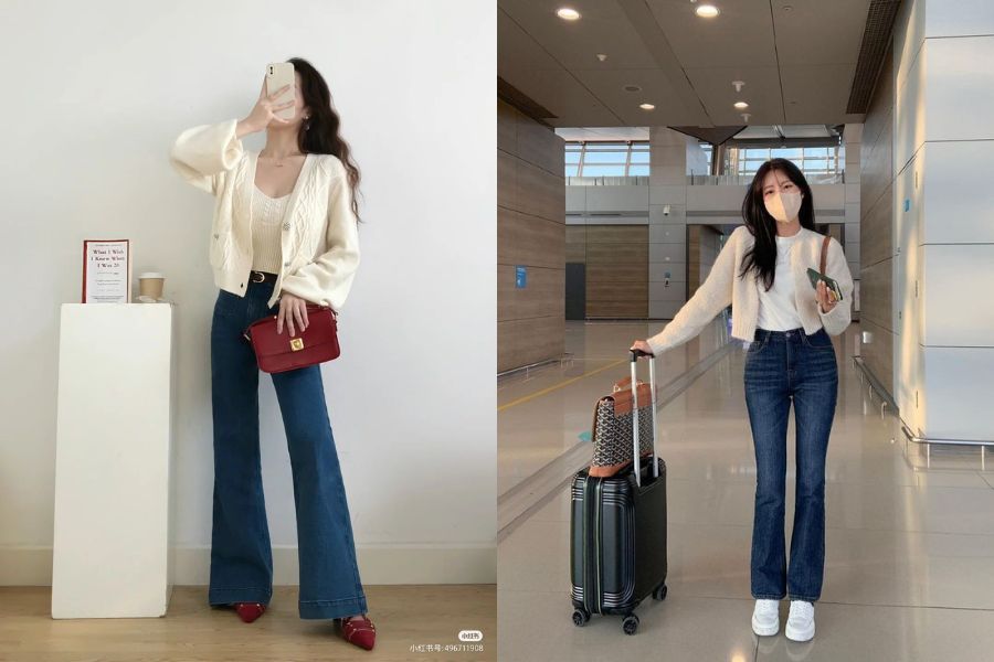 Cardigan dáng ngắn kết hợp quần ống loe