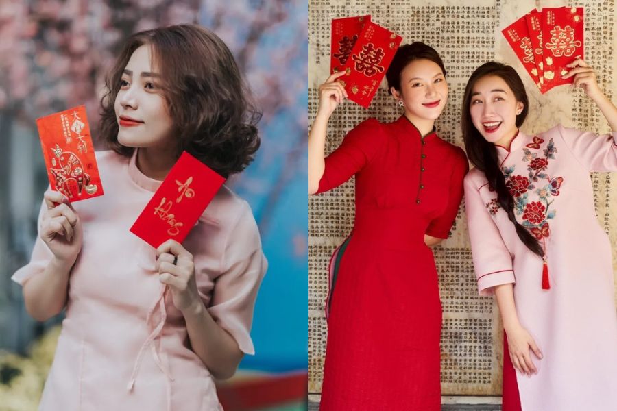 Tạo dáng chụp ảnh áo dài Tết với bao lì xì