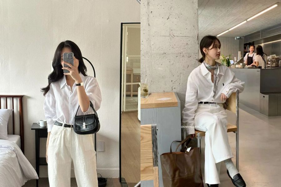 Phối áo sơ mi cùng với quần jeans trắng