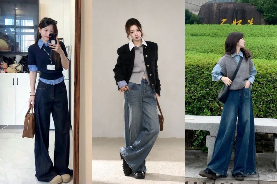 Mix áo len cổ sơ mi với quần jean