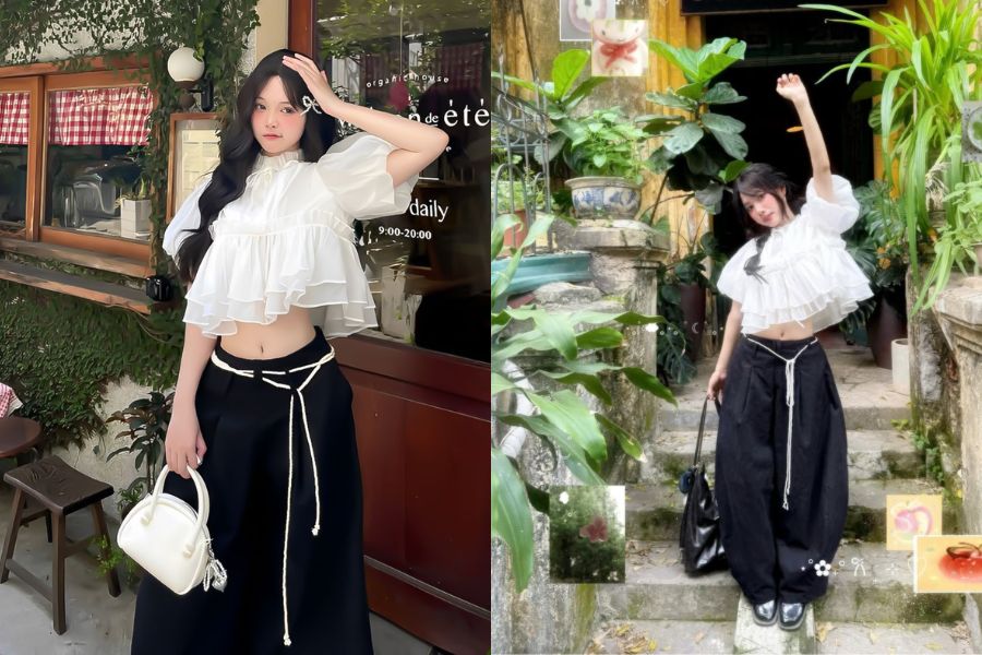 Áo lửng tay phồng mix chân váy hoa