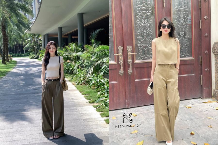 Phối quần ống rộng với áo croptop ôm