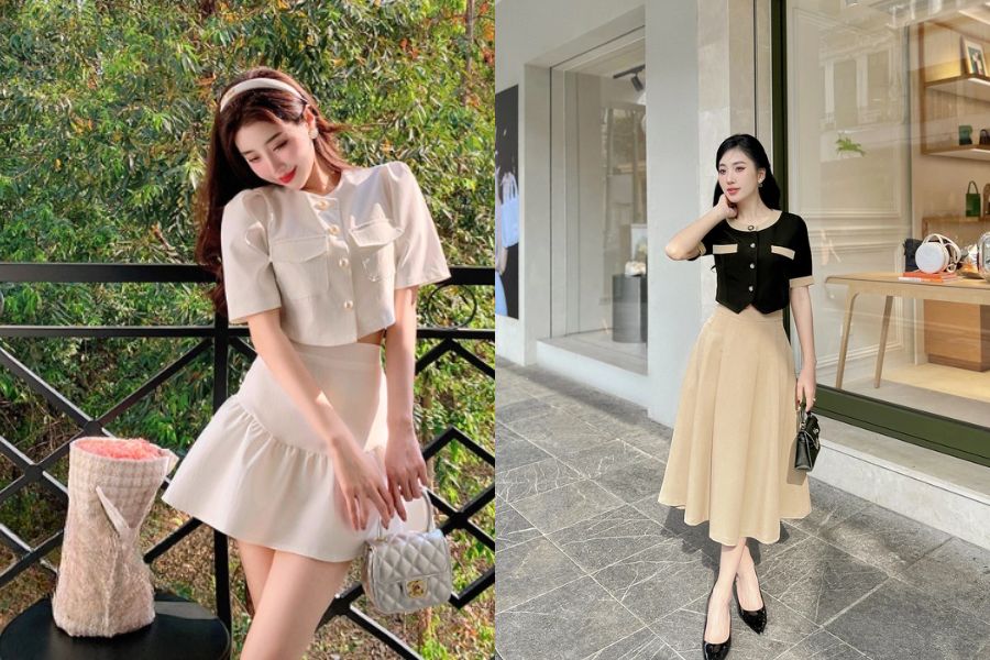 set áo croptop và chân váy xoè ứng dụng được trong nhiều hoàn cảnh