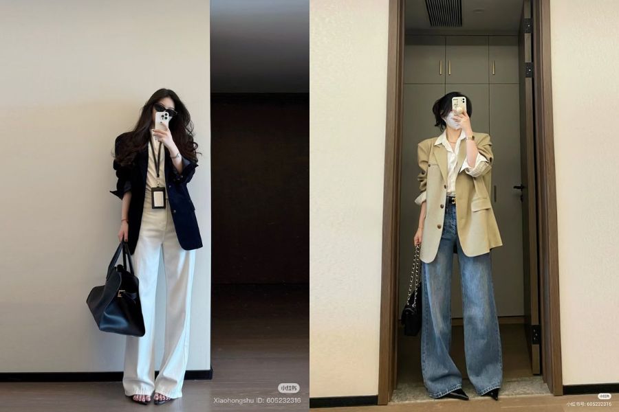 Phối quần ống rộng với áo blazer thanh lịch
