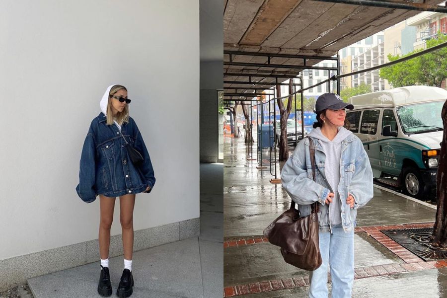 Phối áo khoác jean bên ngoài sweater