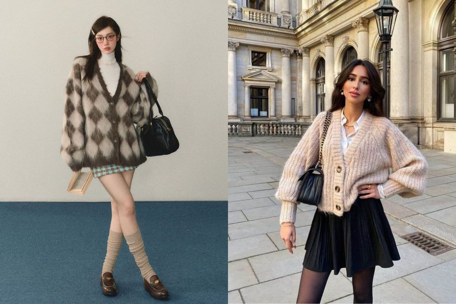 Chân váy xòe mix áo len cardigan