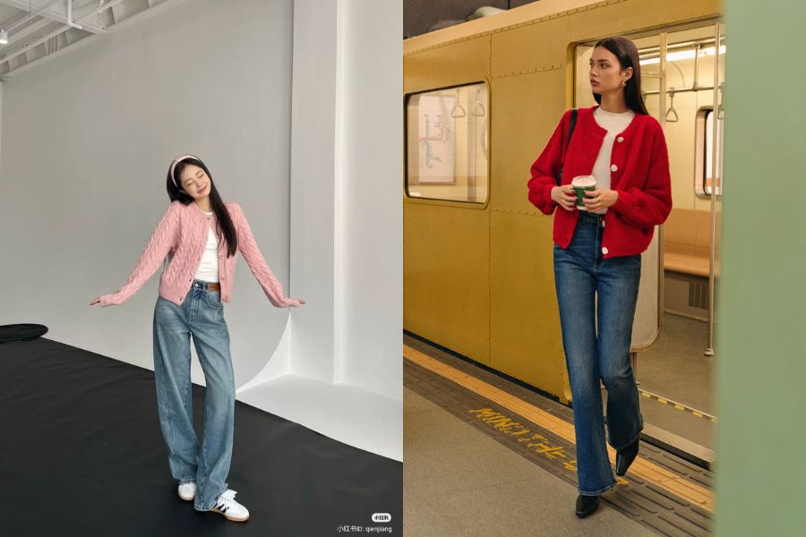 Áo len cardigan + quần jean