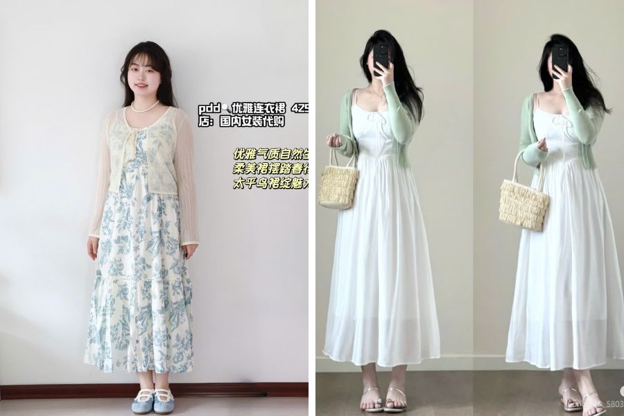 Áo cardigan mỏng màu xanh phối với váy hoa nhí họa tiết cùng màu áo